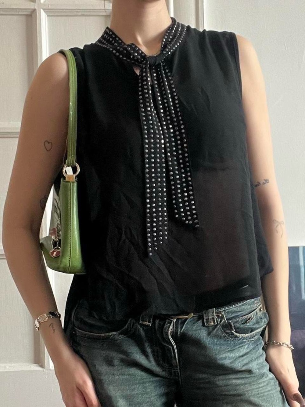 Size Medium Black & Silver Studded Sheer Top